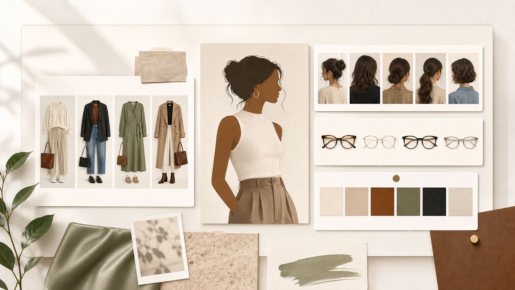 Editorial personal style board with outfit, hairstyle, glasses, and palette ideas.